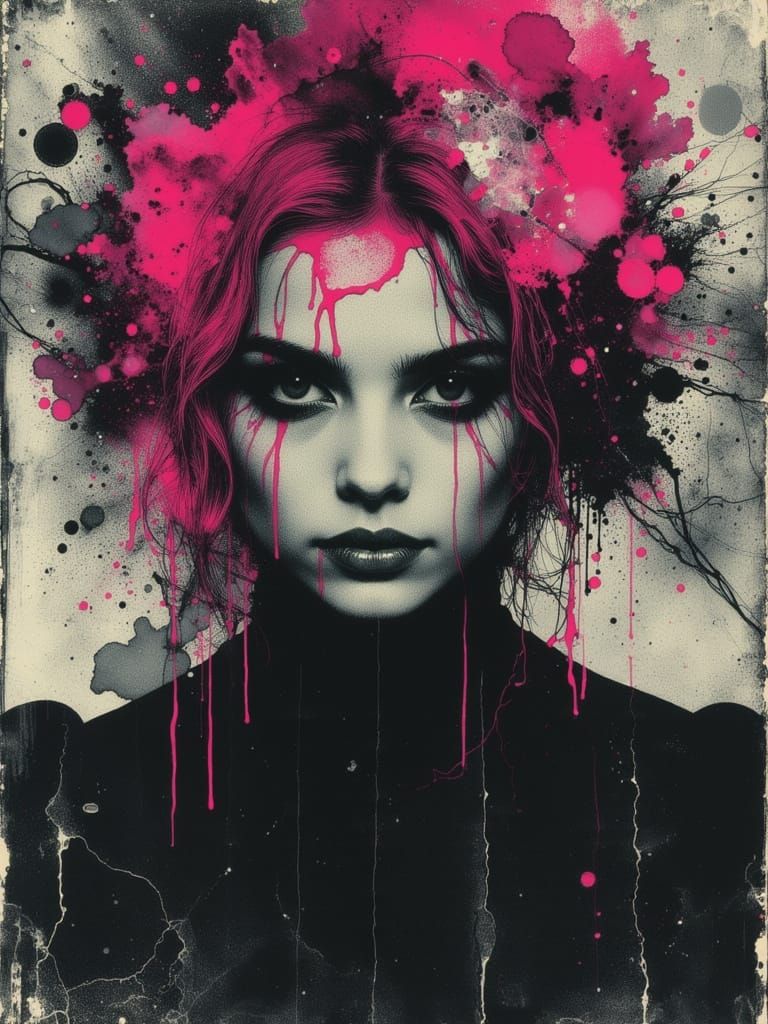 Gothic Woman with Pink Hair in Neon Grunge Style