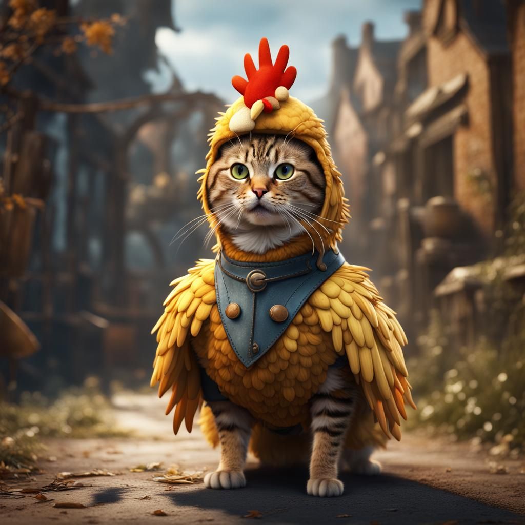 Cat in Chicken Costume: Detailed Fantasy Art