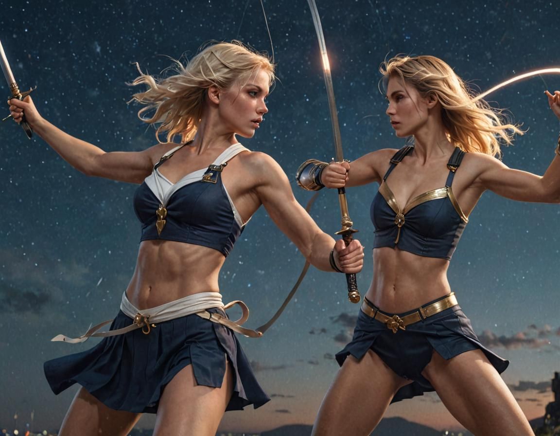 Muscular Women Duel with Rapiers, Hyper-Realistic Splash Art