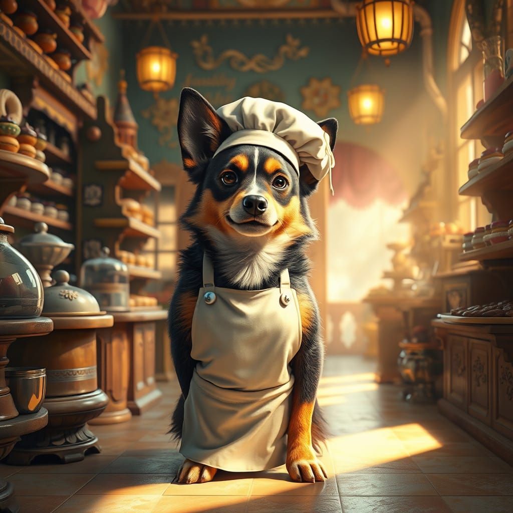 Canine Baker in Whimsical Bakery Scene