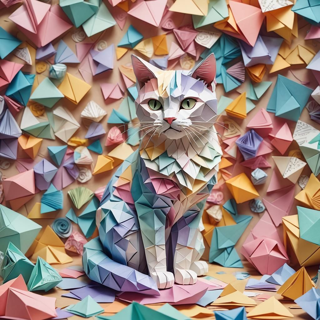 Cat Amongst Origami in Pastel Watercolor