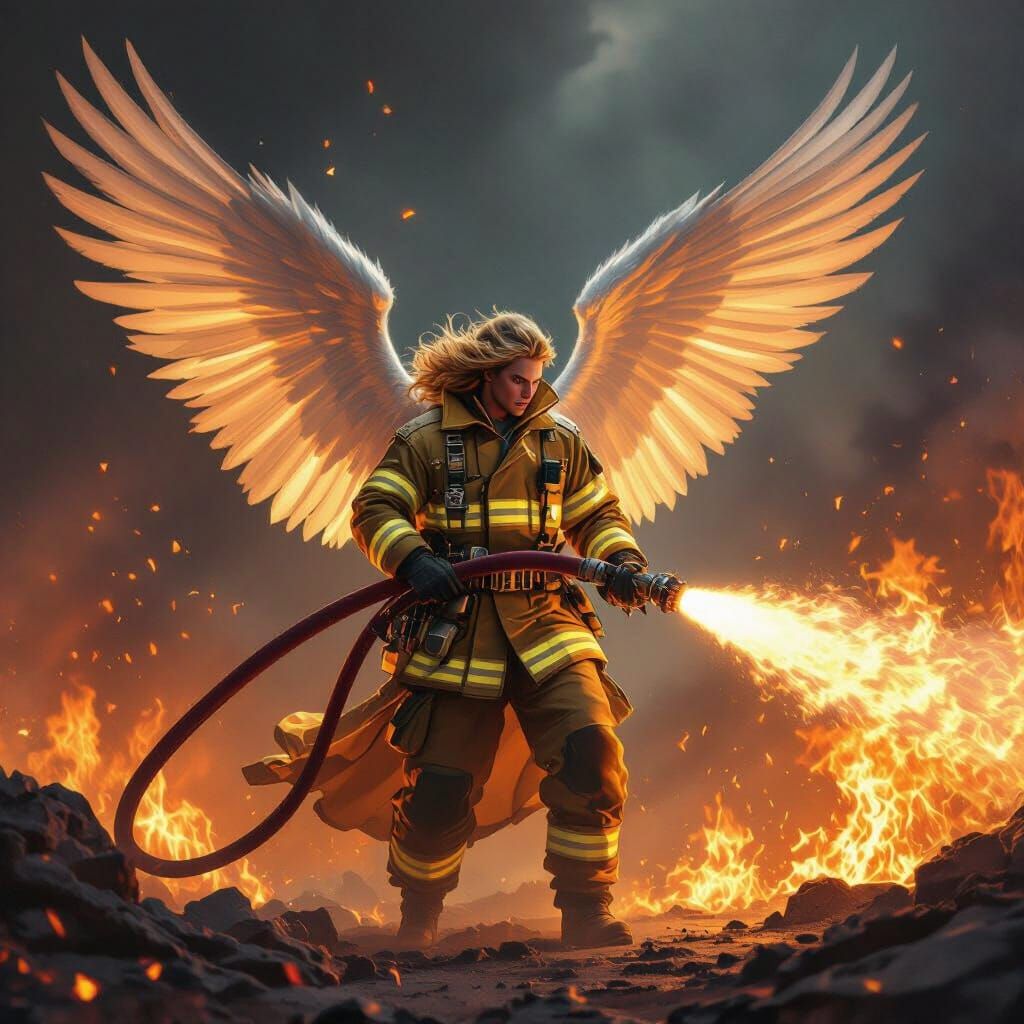 Angel Firefighter Battling Raging Inferno in Epic Fantasy St...