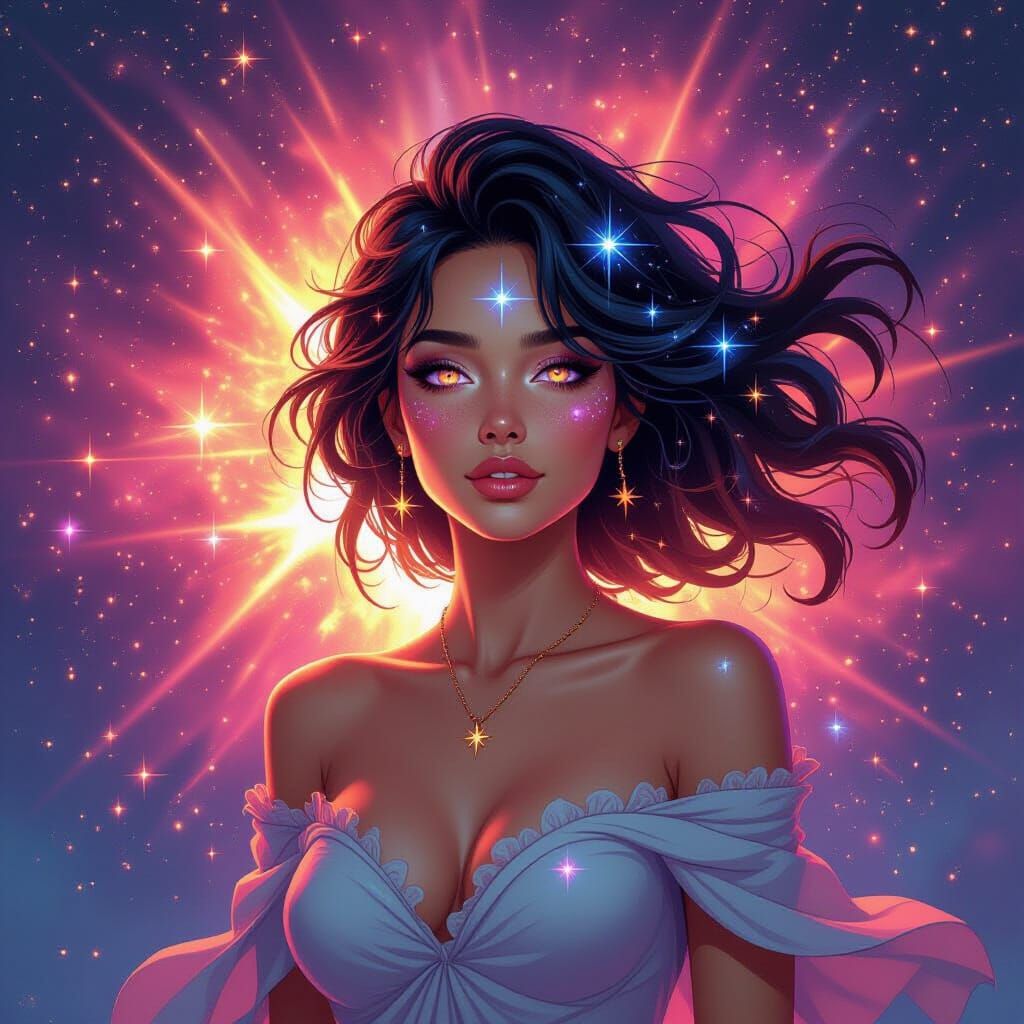 Cosmic Goddess Emerges from Supernova in Digital Art Style