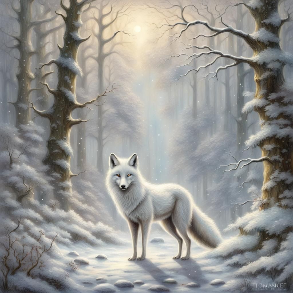 White Foxes in Winter Forest: Ethereal Fantasy