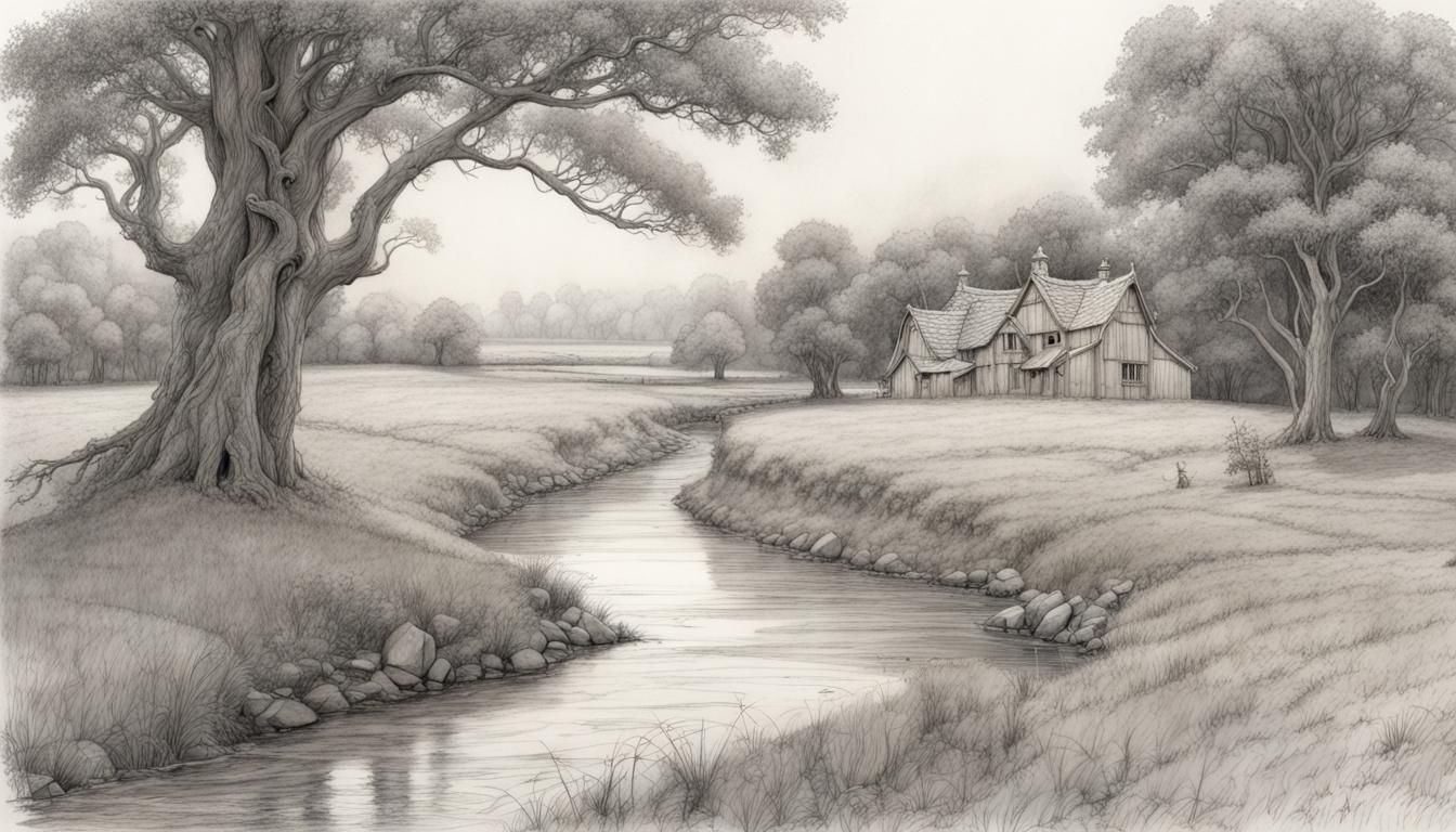 Detailed Line Drawing of a Fantasy Farm