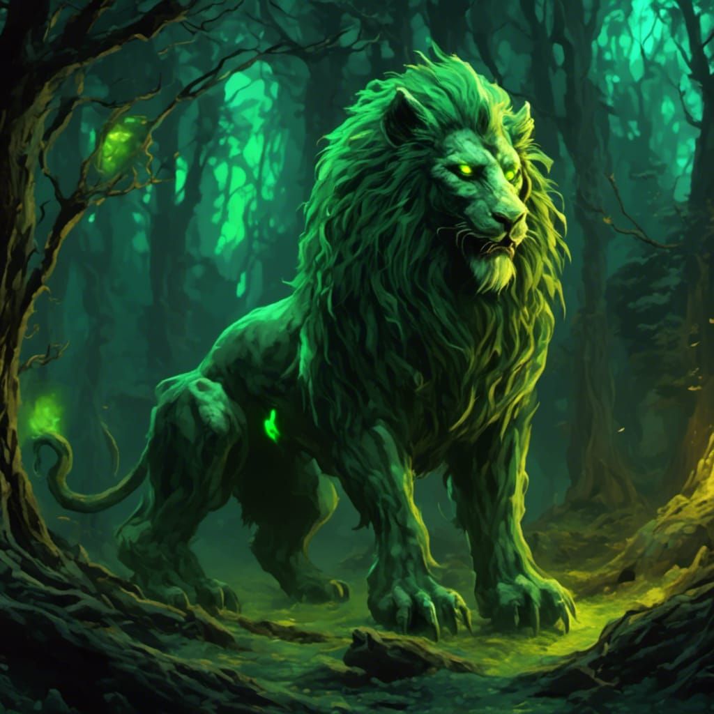 Green-Eyed Mythical Lion in Dark Fantasy Forest
