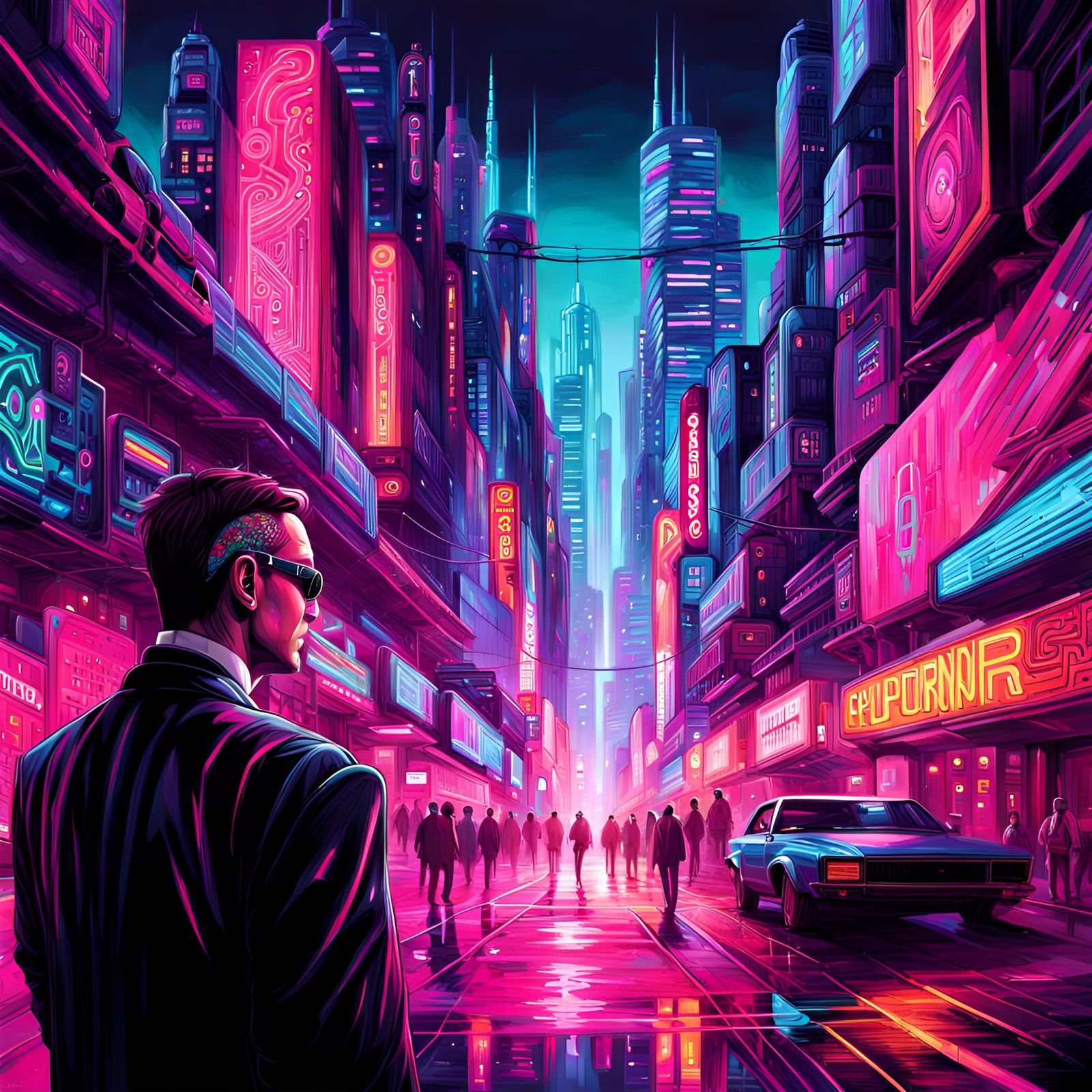 Cyborg in Cyberpunk Cityscape with Psychedelic Graffiti