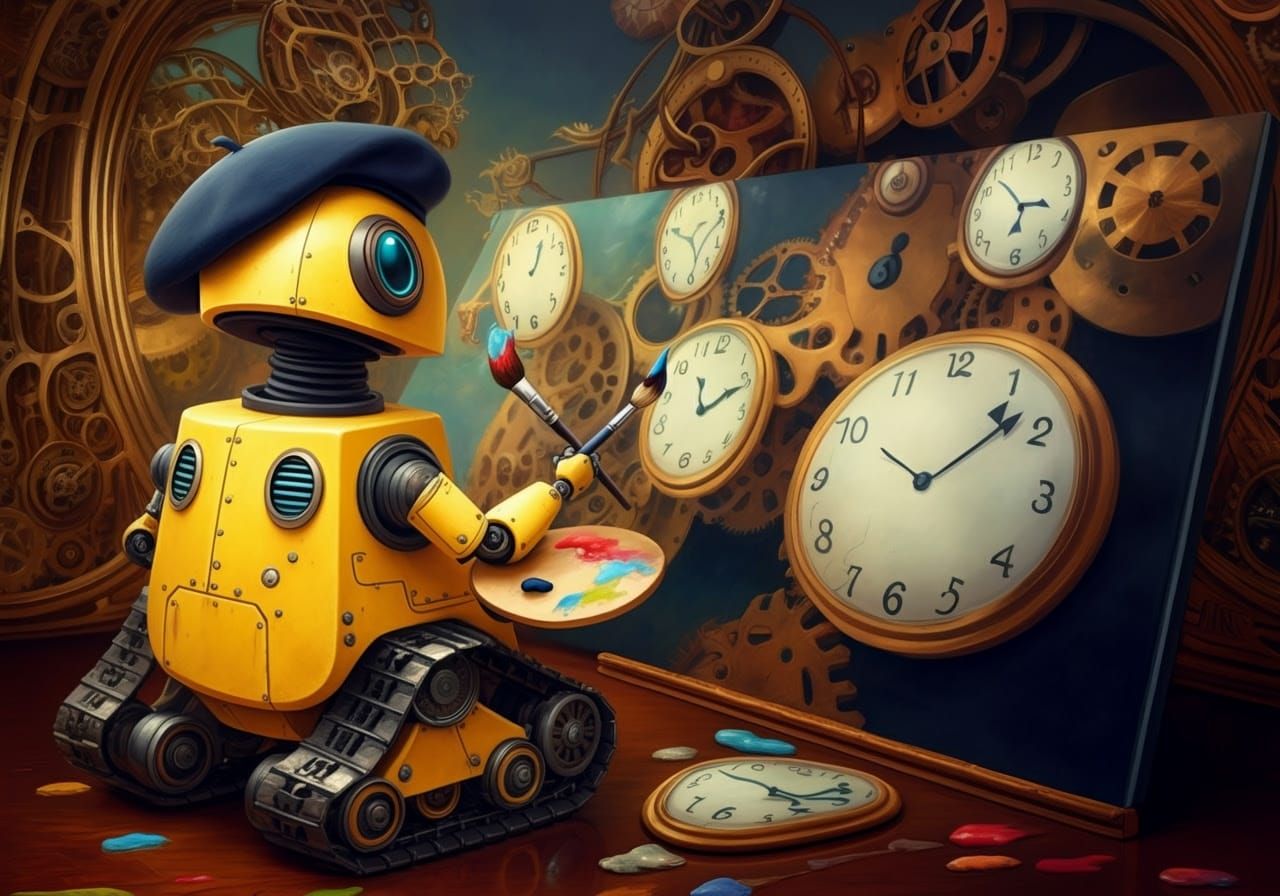 Robot Artist Painting Surreal Clockwork Scene