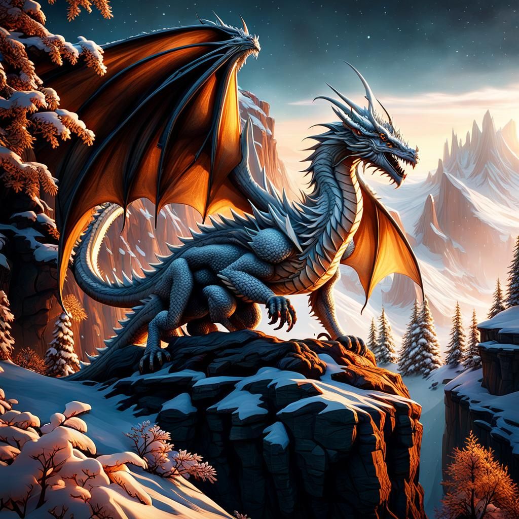 Winter Dragon on Snowy Cliff: Hyperrealistic Long Exposure