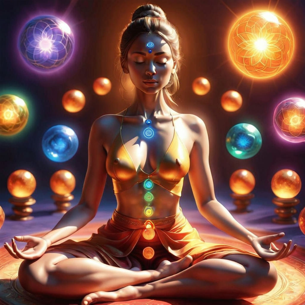 Serene Spiritual Masterpiece with Vibrant Chakra Energy Orbs
