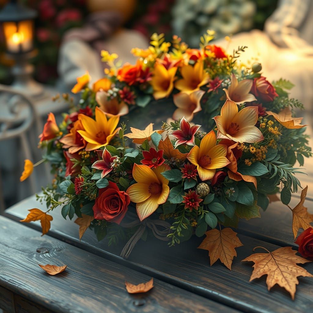 Warmly Lit Autumn Wreath on Rustic Garden Table