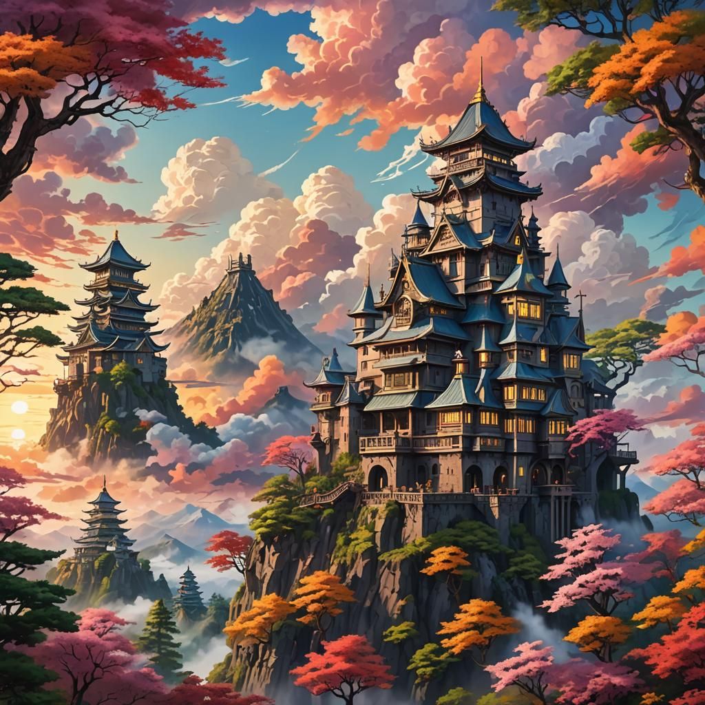 Steampunk Japanese Castle Sunrise with Swirling Clouds