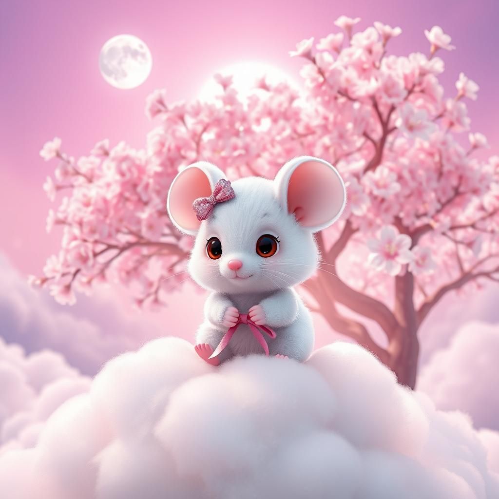 Chibi White Mouse on Cherry Blossom Cloud in 3D