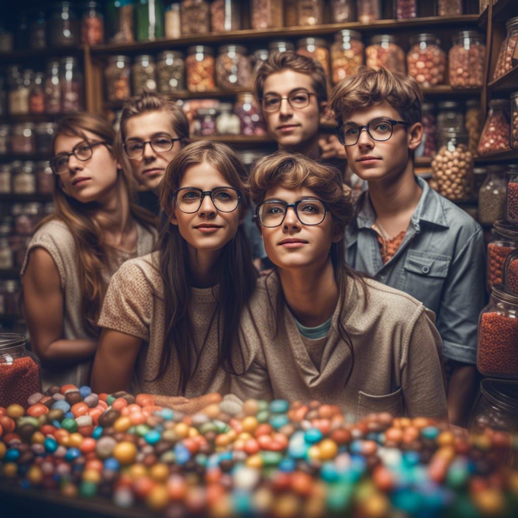 Girls and Boys with glasses reflecting the environment in Candy Shop
