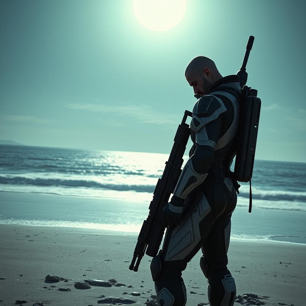 Warrior's Despair on a Moonlit Beach