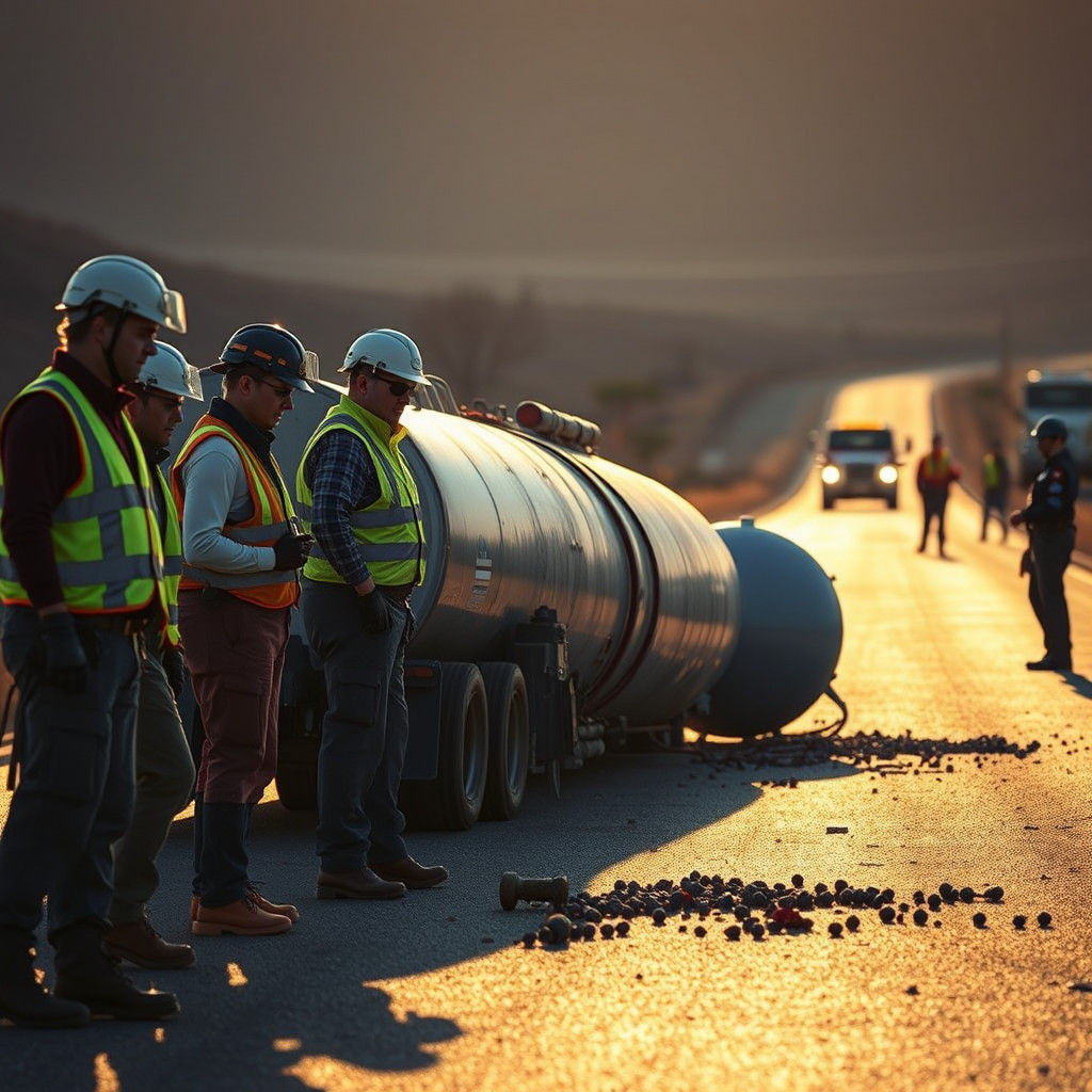 Geologists Examine Overturned Tanker Truck: Cinematic Still