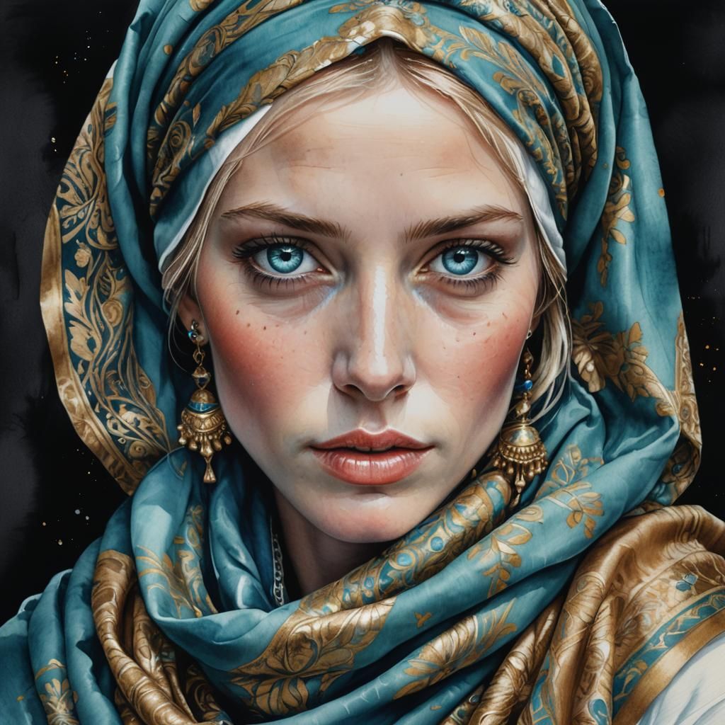 Hyperrealistic Watercolor Portrait of Woman with Blue Eyes