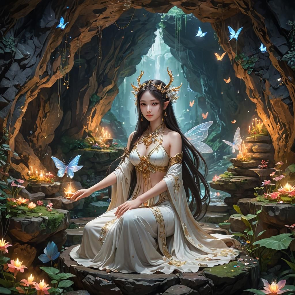 Goddess in Cave Shrine with Fairies