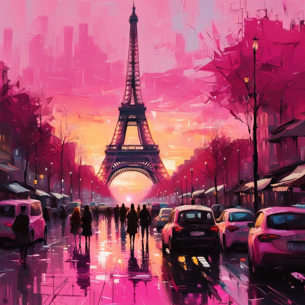 Pink Eiffel Tower Sunset: Colorful Matte Painting