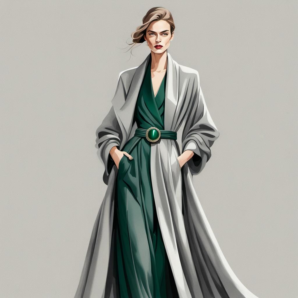 Elegant Gray Fashion Illustration with Emerald Brooch