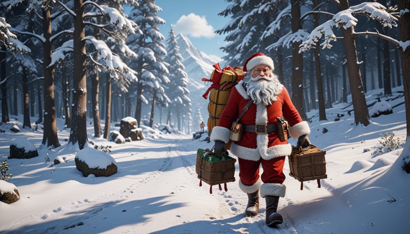 Cool Santa Riding Through Snow with Gift Sack in 3D Game Sty...