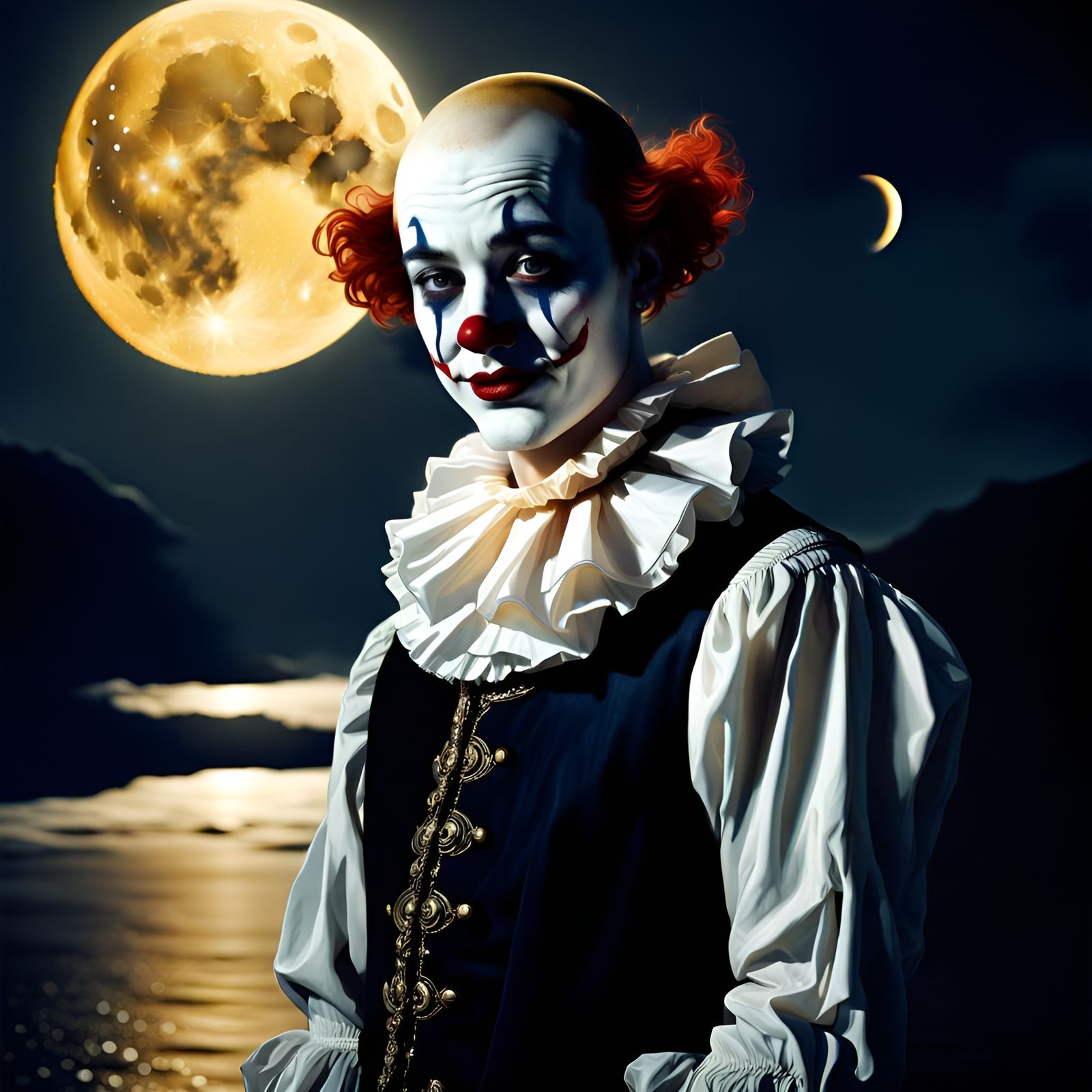 Moonlit Pierrot on Crescent Moon: Digital Portrait