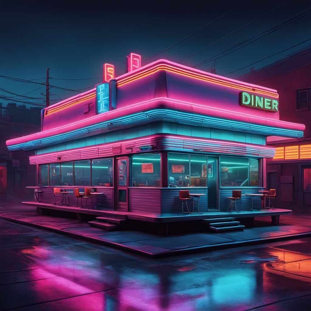 Retro-Futuristic Diner at Dusk in Cyberpunk Style