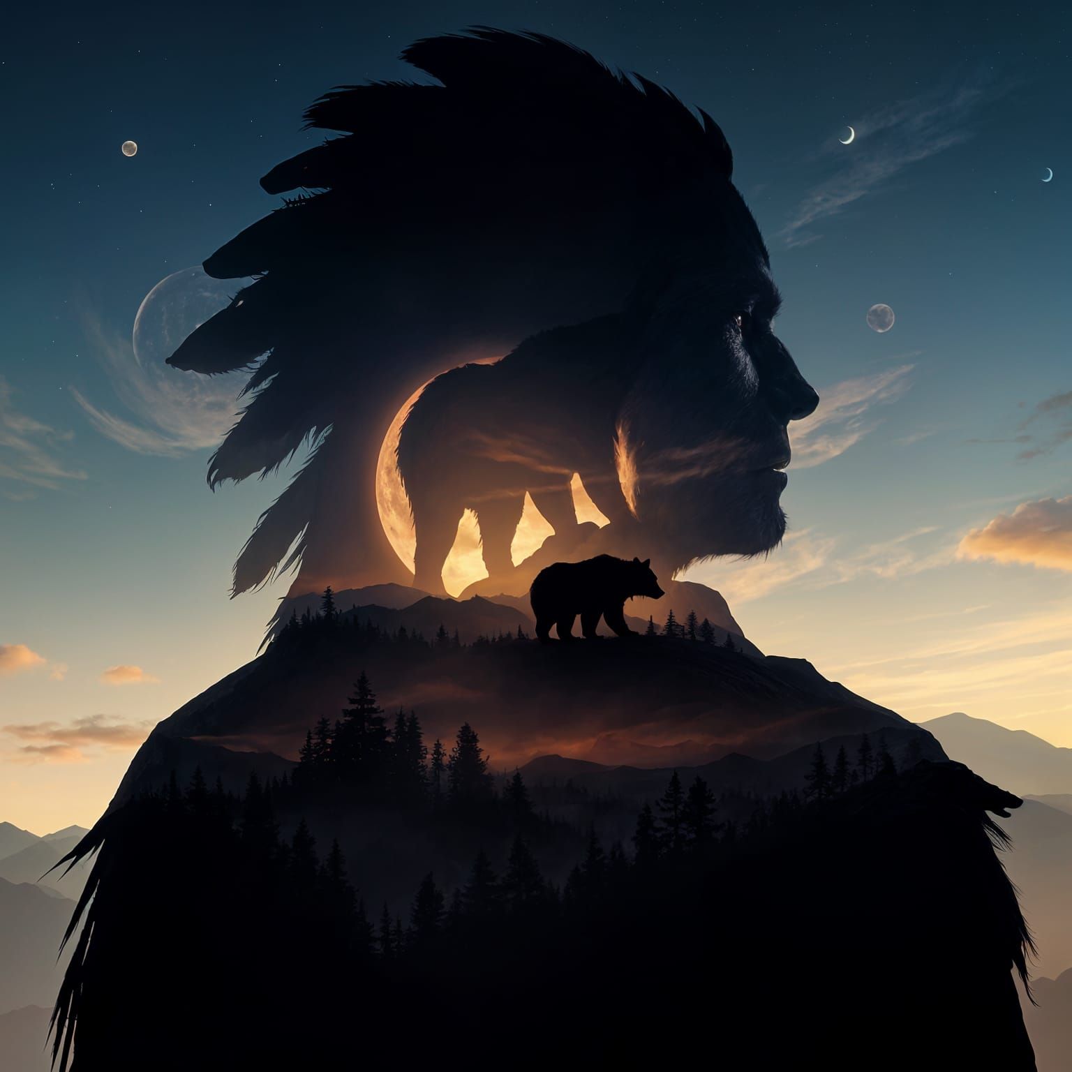 Fantastical Native American Warrior in a Celestial Landscape