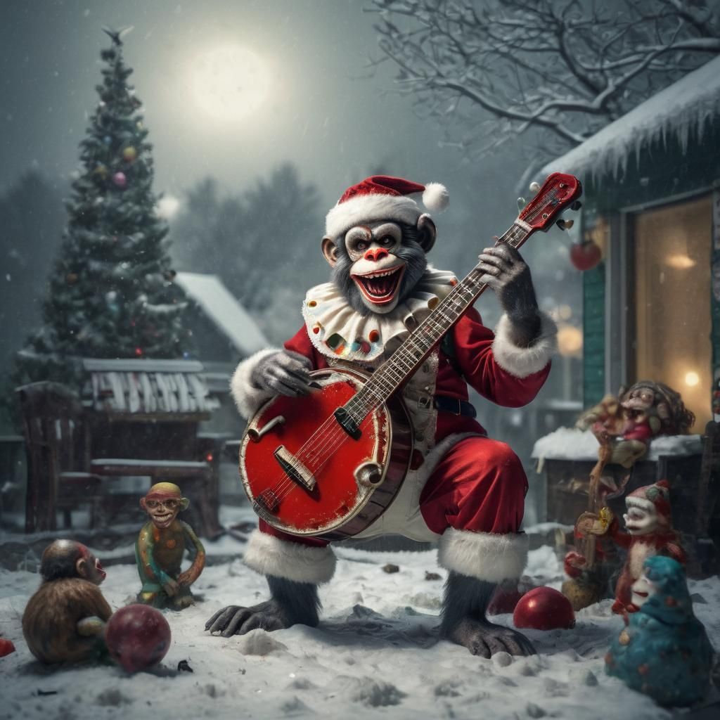 Grotesque Banjo Player in Snowy Winter Wonderland Scene