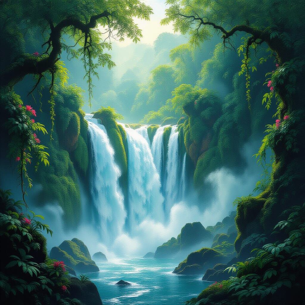 Michelangelo-Inspired Jungle Waterfall Painting