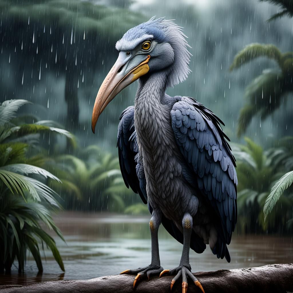Shoebill Stork in the Rain: Epic Digital Painting