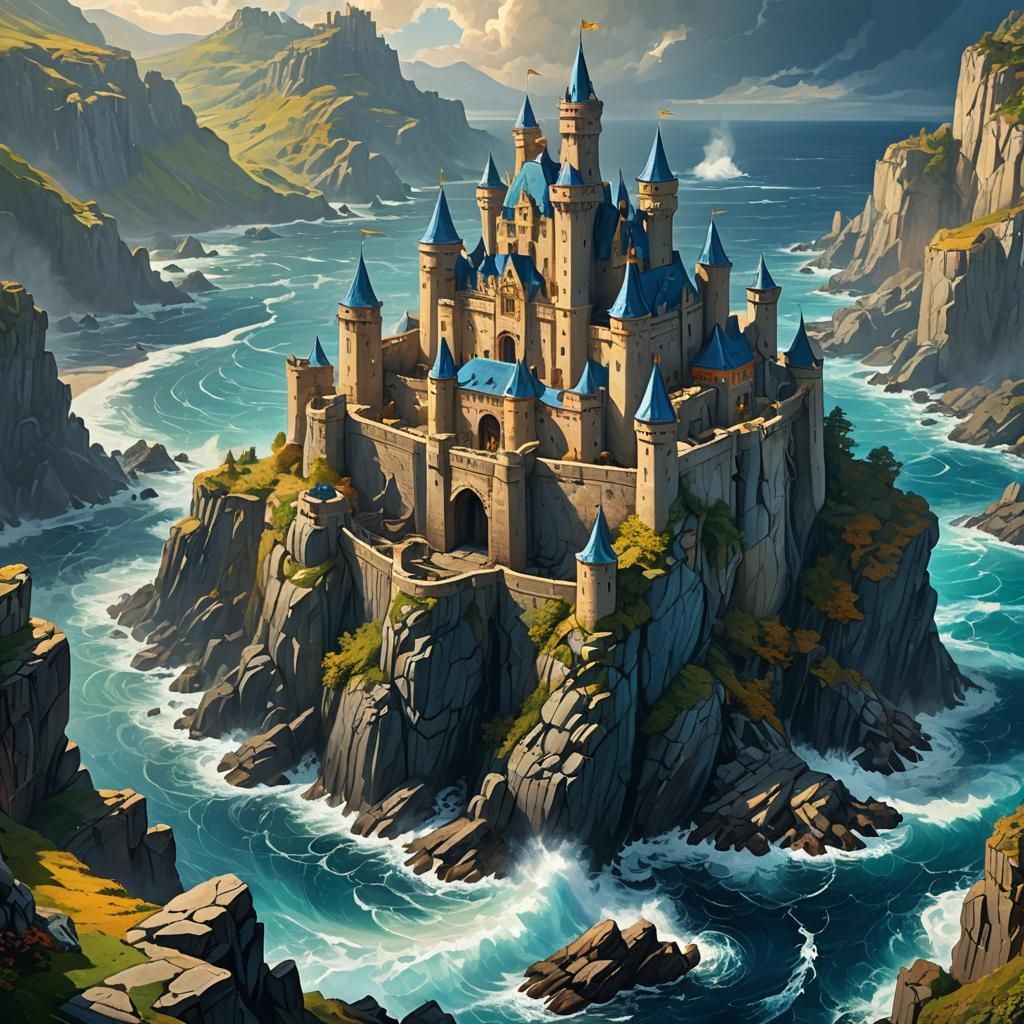 Majestic Castle Seascape in Dramatic Oil Painting Style