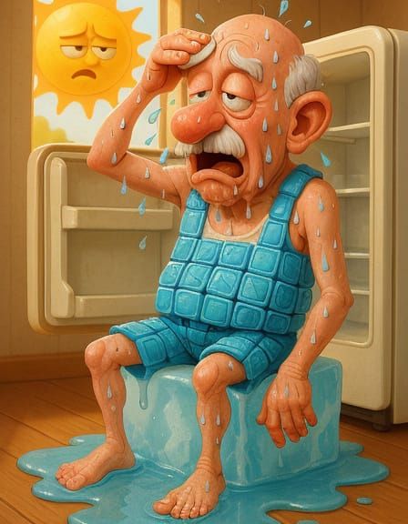 Cartoon Old Man Overcome by Summer Heat