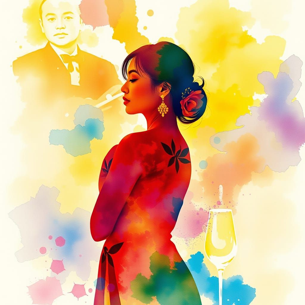 Thai Woman in Van Gogh Inspired Watercolor Double Exposure