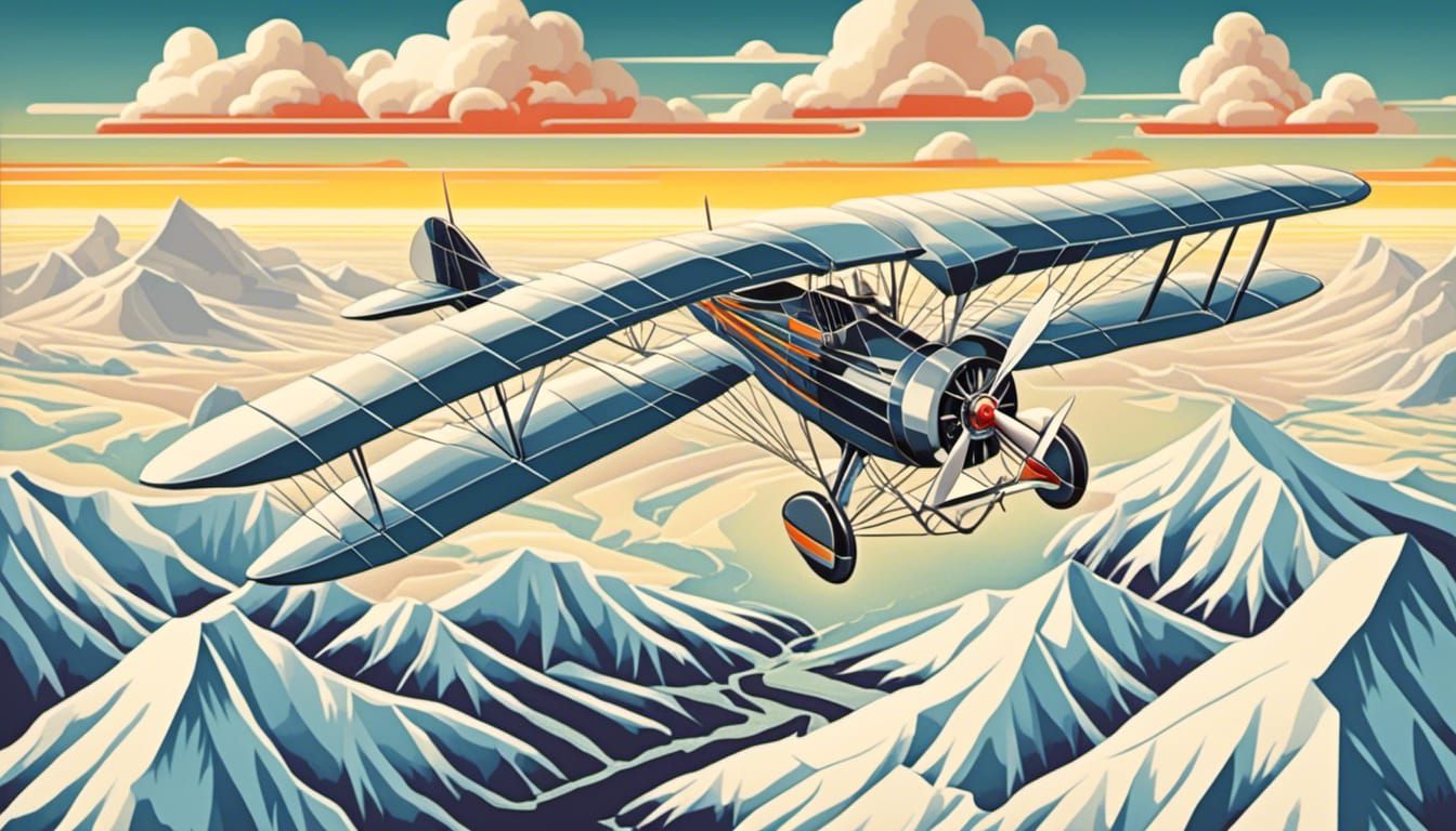 Art Deco Biplane Over Glacier Illustration