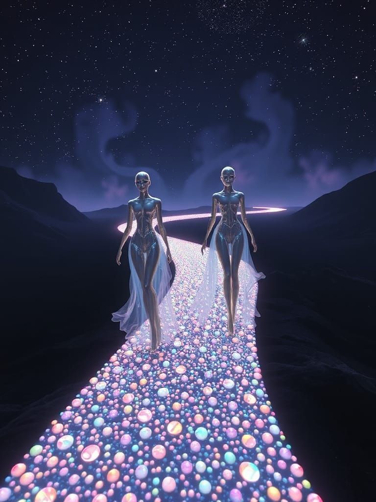 Ethereal Humanoids on Luminous Path in Sci-Fi Landscape