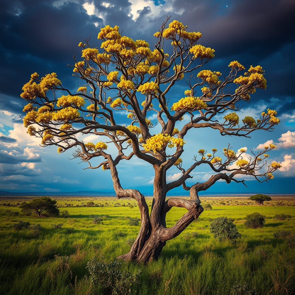 Surreal African Acacia Tree in Lush Savannah Landscape