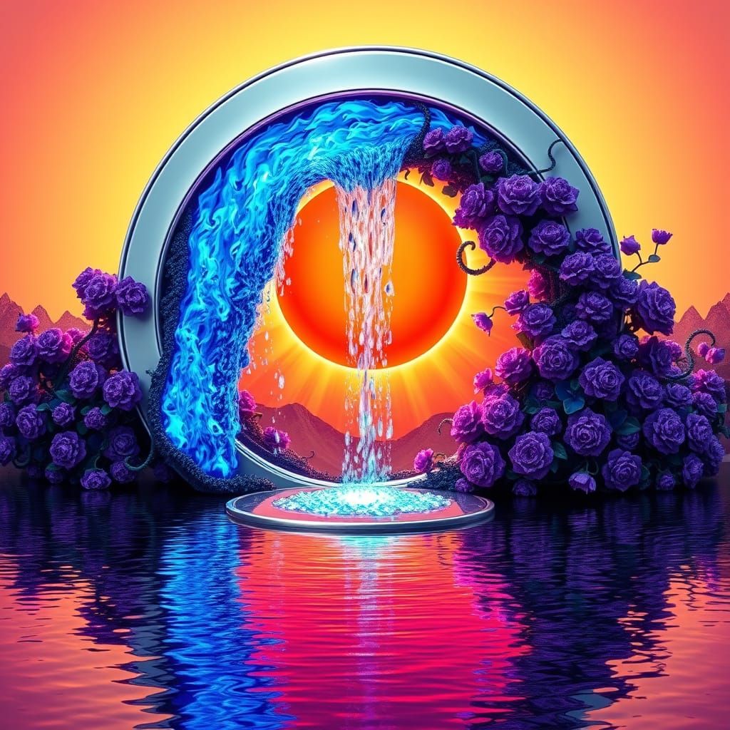 Ethereal Cyberpunk Oasis with Lush Purple Flowers