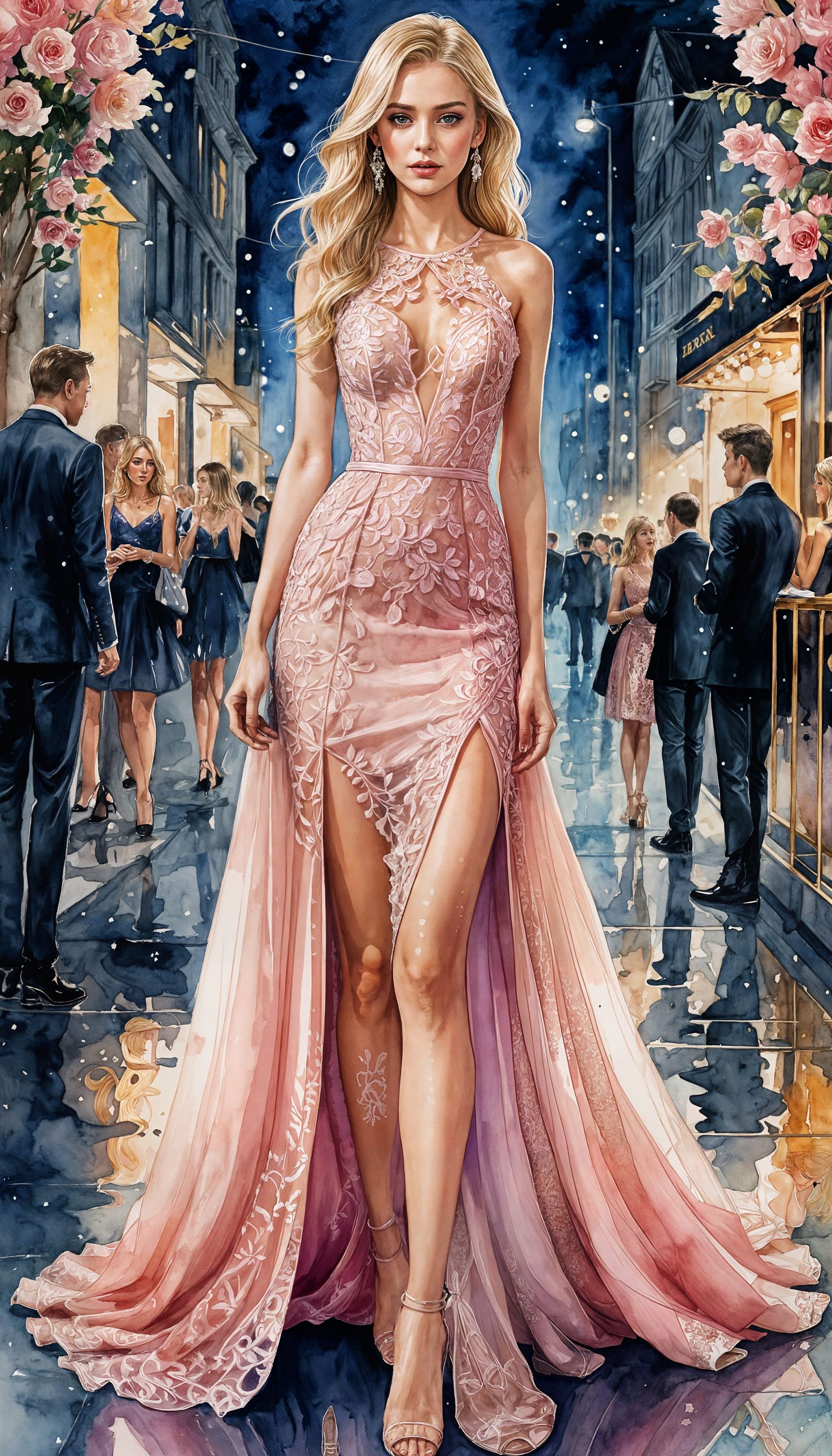 Blonde Woman in Pink Lace Dress, Watercolor Painting