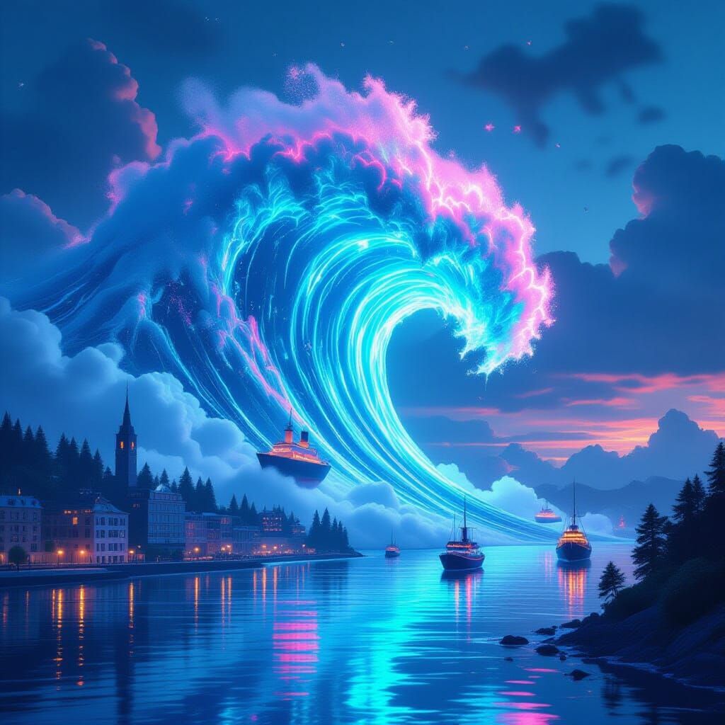 Colossal Neon Tidal Wave Over Miniature City