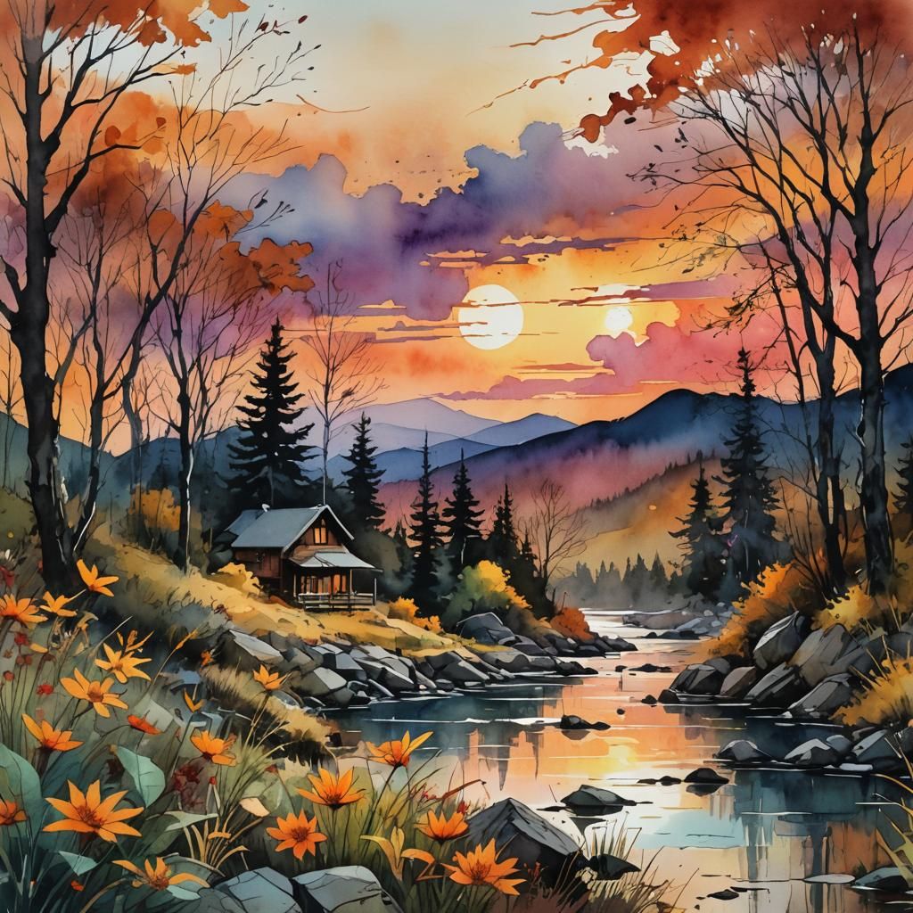 Seasonal Sunset Watercolor Illustration by Art AI