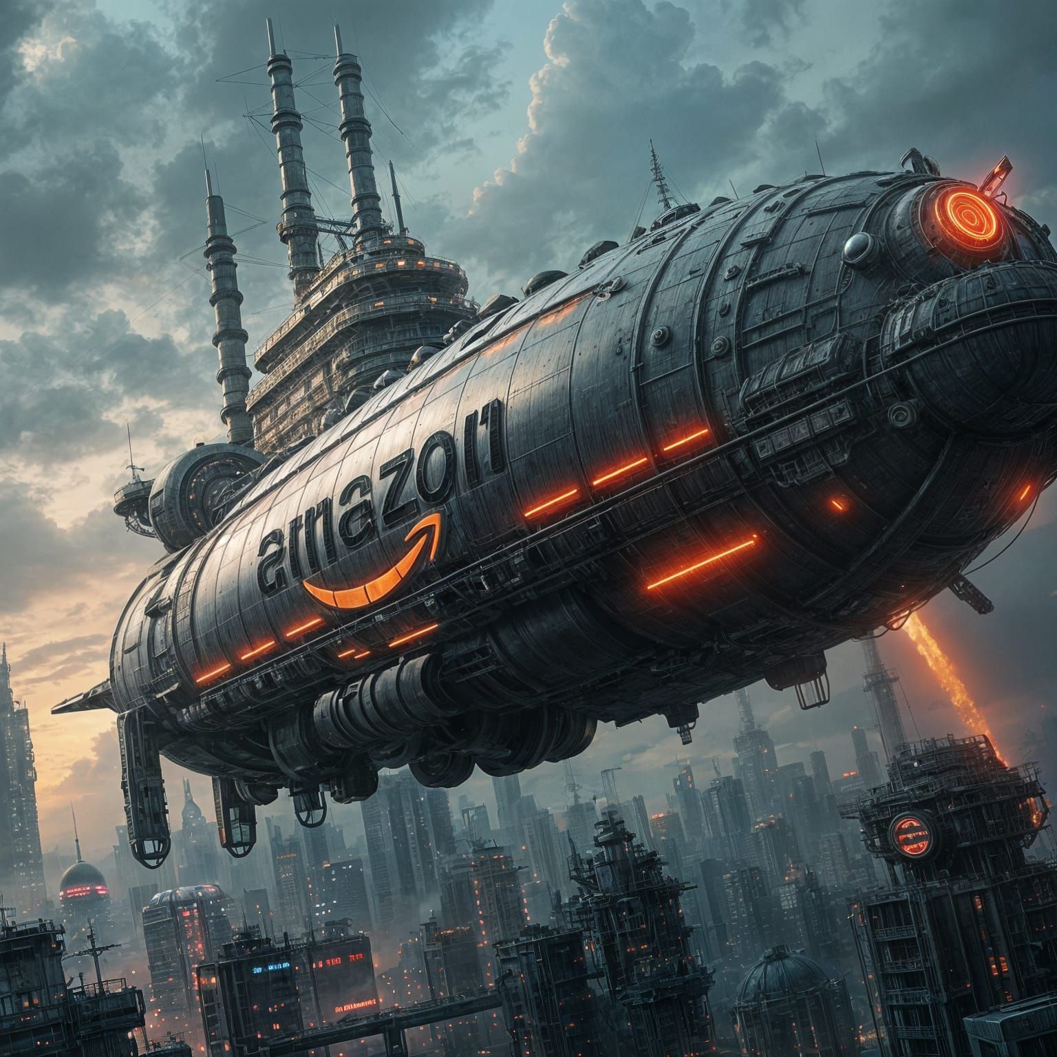 A colossal, immense-scale cartoon sci-fi mother ship emblazo...