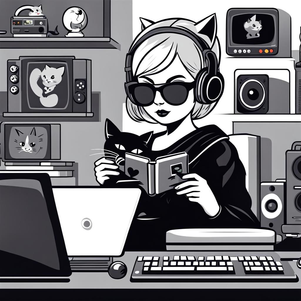 Cartoon Goth Gamer Girl with Cat Logo