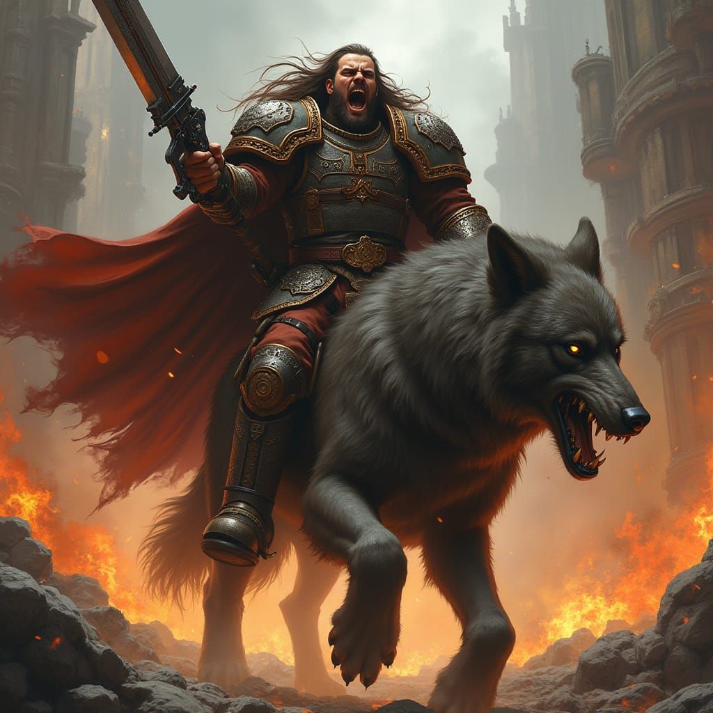 Viking Space Marine Screams on Direwolf in Burning Steampunk...