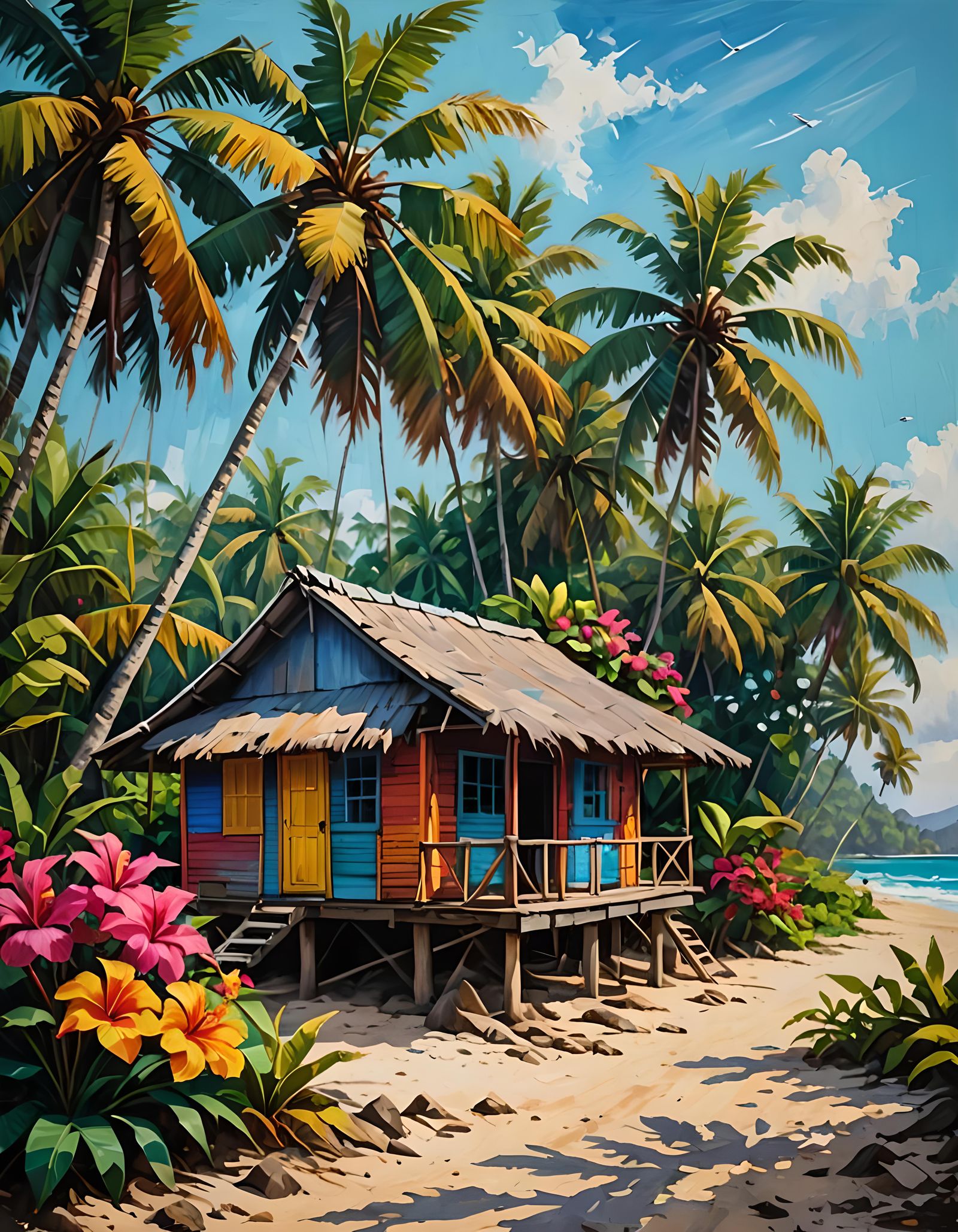 Colorful Cambodian Beach Shack Oil Painting