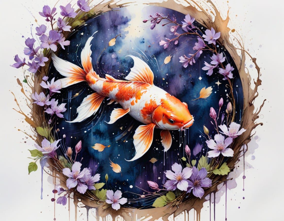 Koi Pond Reflection in Ink Wash Style