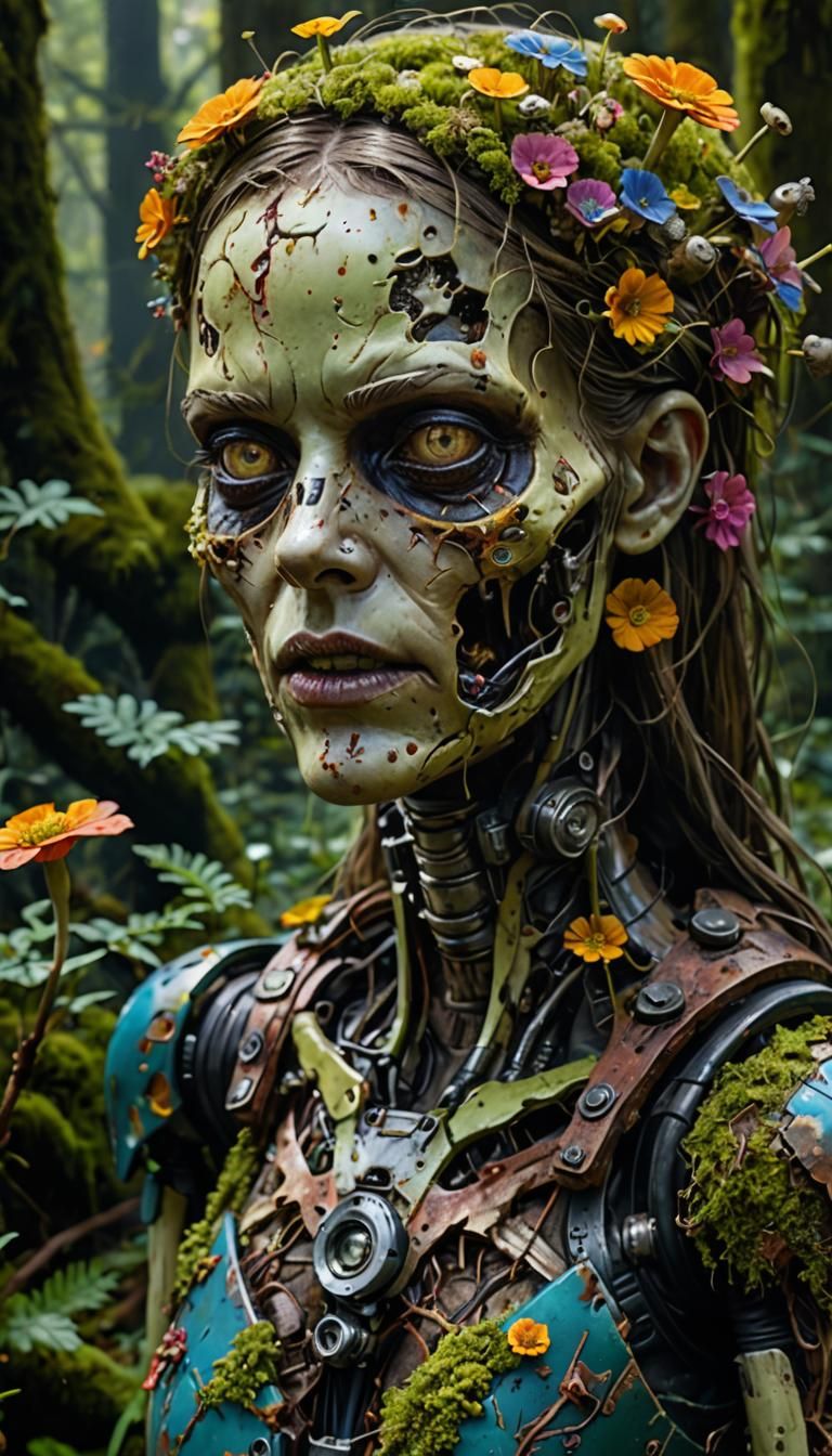 an abandoned android in an advanced state of decay left in the forest to rot
