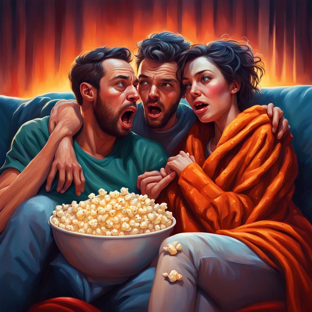 Cozy Couple Watching a Scary Movie: Hyperrealistic Art