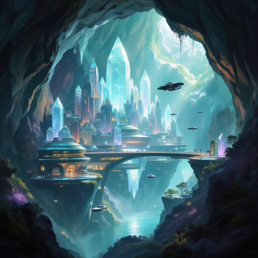 Futuristic Crystal Geode City with Energy Bridges
