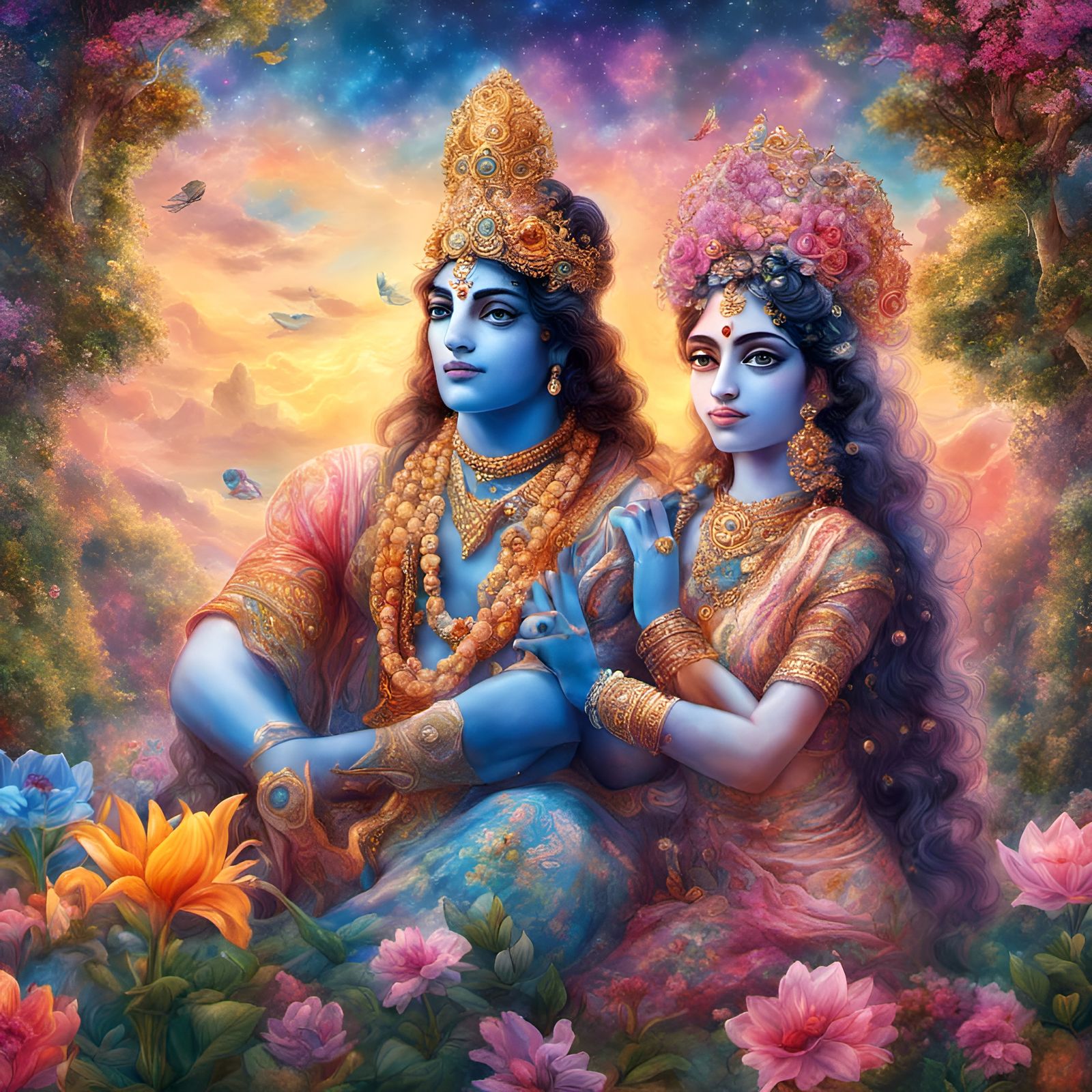 Krishna and Radha in a Cosmic Garden